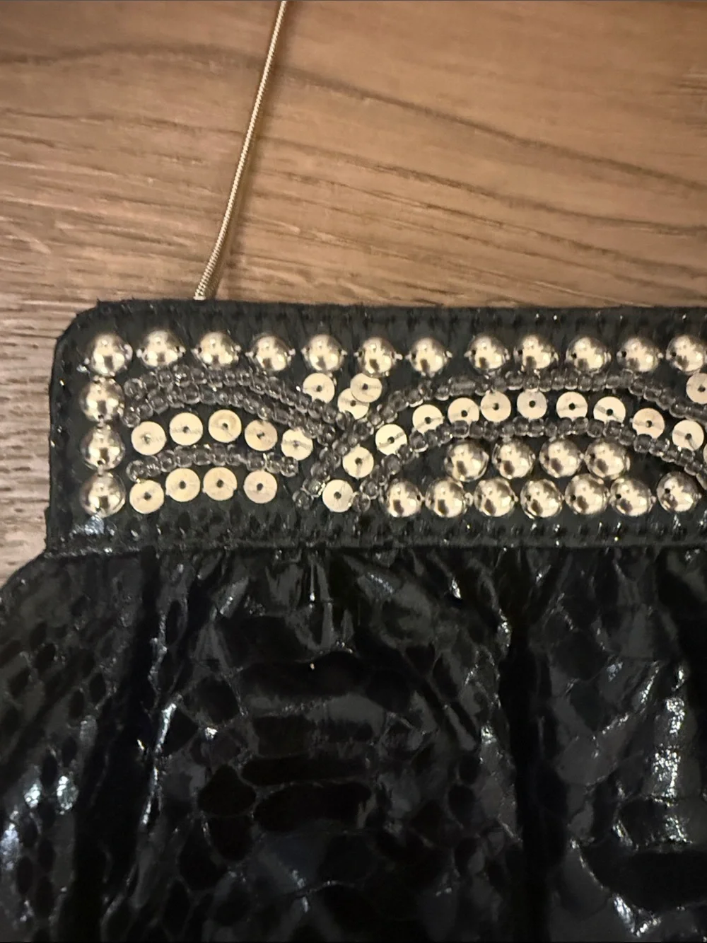 White House Black Market Black Sequin Evening Clutch with Chain - Picture 3 of 7